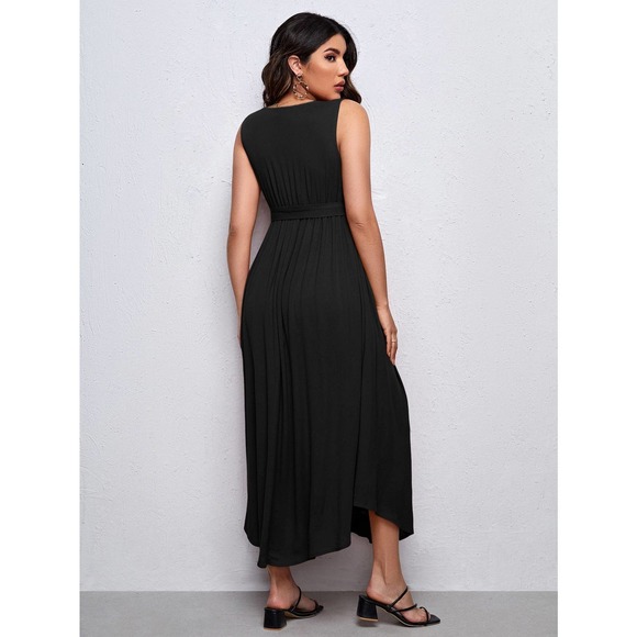 Maternity Solid Split Thigh Belted Dress - Picture 2 of 11